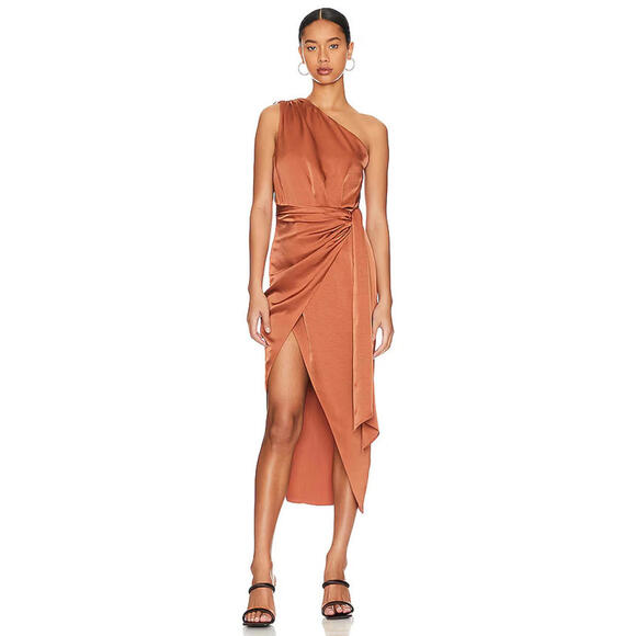 Misha Collection Dresses & Skirts - MISHA Brooks Satin Midi Dress one shoulder Copper size XS New $378 msrp